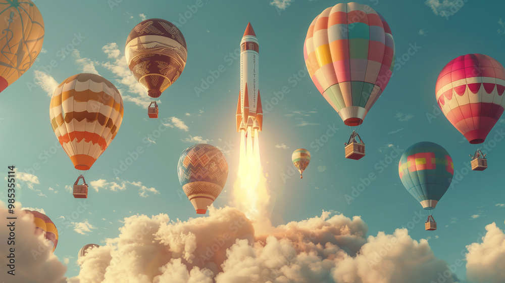 Fototapeta premium Space rocket launching through clouds surrounded by colorful hot air balloons