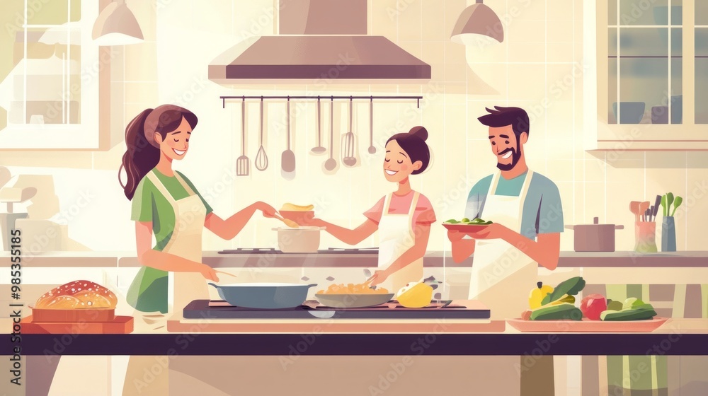 A happy family is cooking together in a bright kitchen, showing joy, teamwork, and love for homecooked meals, creating a warm and loving atmosphere at home. A happy family is cooking together in a bright kitchen, showing joy, teamwork, and love for homecooked meals, creating a warm and loving atmosphere at home.