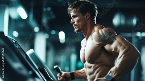 Athletic male working out in a gym, performing an intense cardio session on a treadmill.