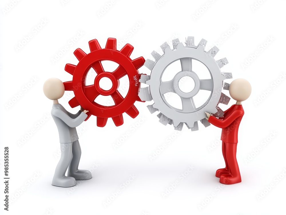 Two 3D figures holding red and silver cogs, working together to achieve success. Two 3D figures holding red and silver cogs, working together to achieve success.
