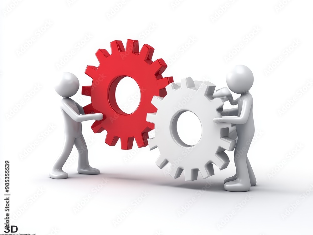 Two 3D figures holding red and white gears. Two 3D figures holding red and white gears.