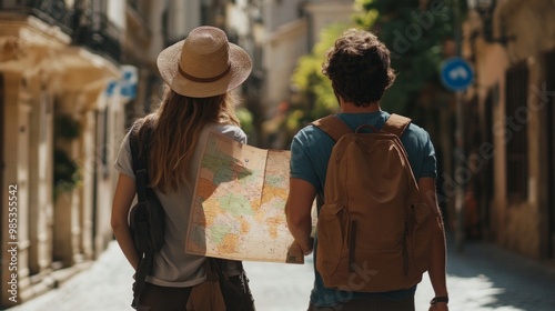 Happy couple enjoying in travel while exploring a map during their walk through the town. 