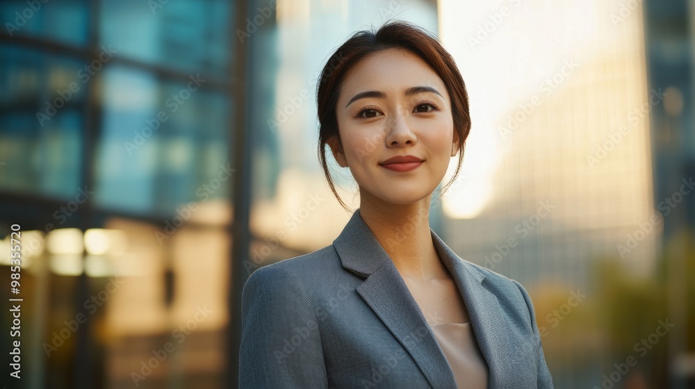 Confident Asian woman in a tailored suit outdoors, with a corporate building in the background slightly blurred. Confident Asian woman in a tailored suit outdoors, with a corporate building in the background slightly blurred.