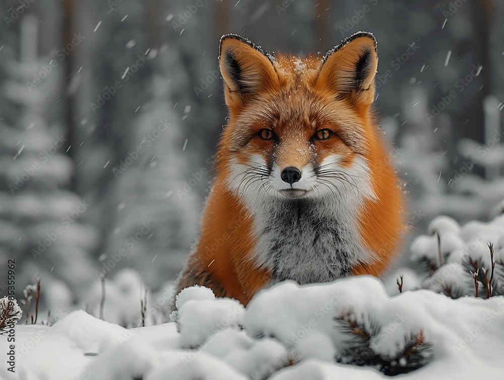 Detailed closeup of a red fox in a snowy forest with its thick fur blending into the winter landscape and bright eyes peering out Detailed closeup of a red fox in a snowy forest with its thick fur blending into the winter landscape and bright eyes peering out