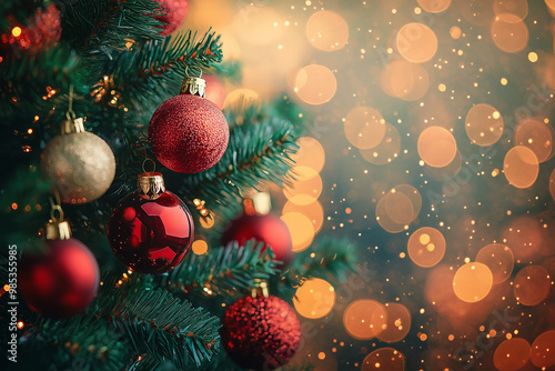 Background christmas tree with balls and rippin on a bokeh  photo