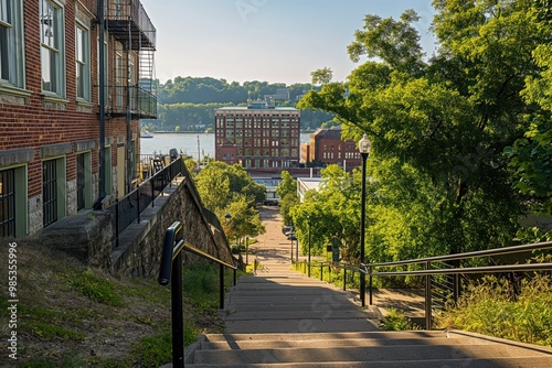 Fenelon Place elevator in Dubuque, Iowa, USA on sunny day. American architecture landmark building with railroad bridge in city park. Leaves on trees and foliage in summer sky with sunlight. photo