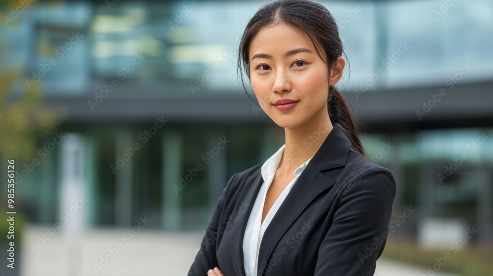 Elegant portrait of an Asian woman in a fitted suit outdoors with a modern glass office building as backdrop. Elegant portrait of an Asian woman in a fitted suit outdoors with a modern glass office building as backdrop.