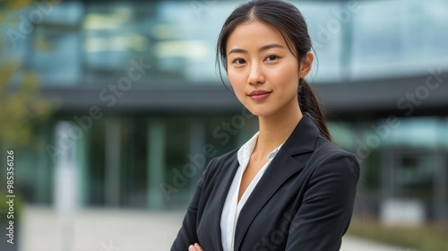 Elegant portrait of an Asian woman in a fitted suit outdoors with a modern glass office building as backdrop. Free Download Elegant portrait of an Asian woman in a fitted suit outdoors with a modern glass office building as backdrop. - GFXLoad