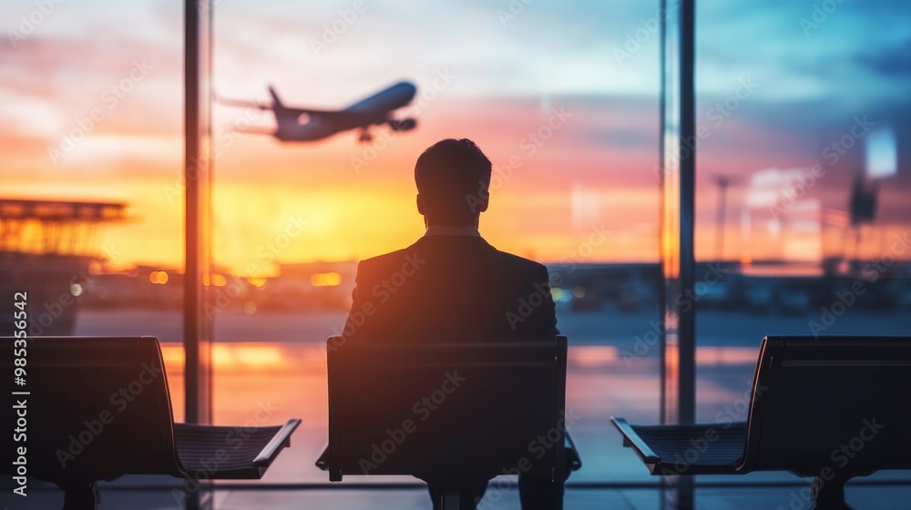 Fototapeta premium Real photo of travel by plane, Businessman passenger waiting in airport, silhouette of passenger watching aircraft taking off.