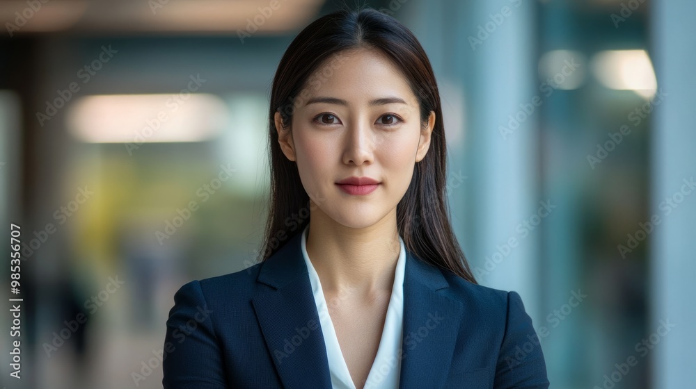 Focused Asian woman in a suit, standing confidently with a modern business plaza blurred behind her. Focused Asian woman in a suit, standing confidently with a modern business plaza blurred behind her.