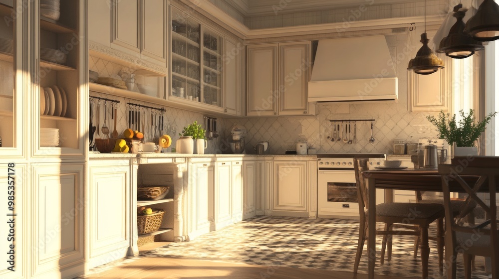 Rendering of a classic kitchen in the American style 3.3D illustration. Rendering of a classic kitchen in the American style 3.3D illustration.