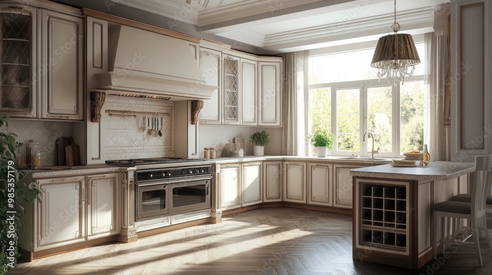Rendering of a classic kitchen in the American style 3.3D illustration. Rendering of a classic kitchen in the American style 3.3D illustration.