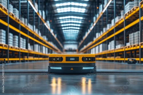 Yellow automated guided vehicle (AGV) in a warehouse with shelves in the background.