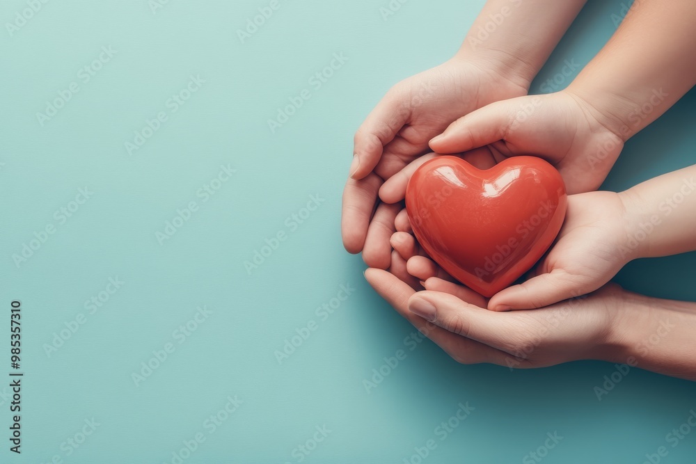 A pair of hands gently hold a red heart on a turquoise background, representing love, care, and compassion. A pair of hands gently hold a red heart on a turquoise background, representing love, care, and compassion.