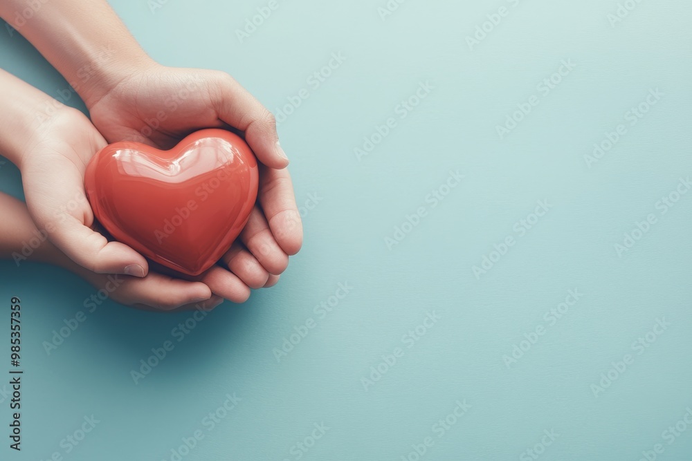 Two hands gently holding a red heart against a light blue background. Two hands gently holding a red heart against a light blue background.