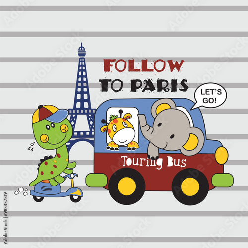 dinosaurs and friends go to paris city,design cartoon vector illustration