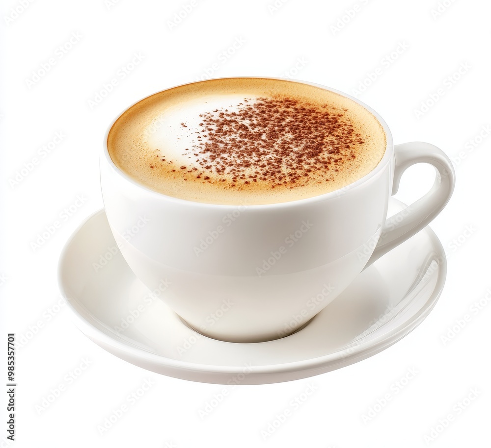 A cup of cappuccino with a sprinkle of cinnamon on top, served on a white saucer. A cup of cappuccino with a sprinkle of cinnamon on top, served on a white saucer.