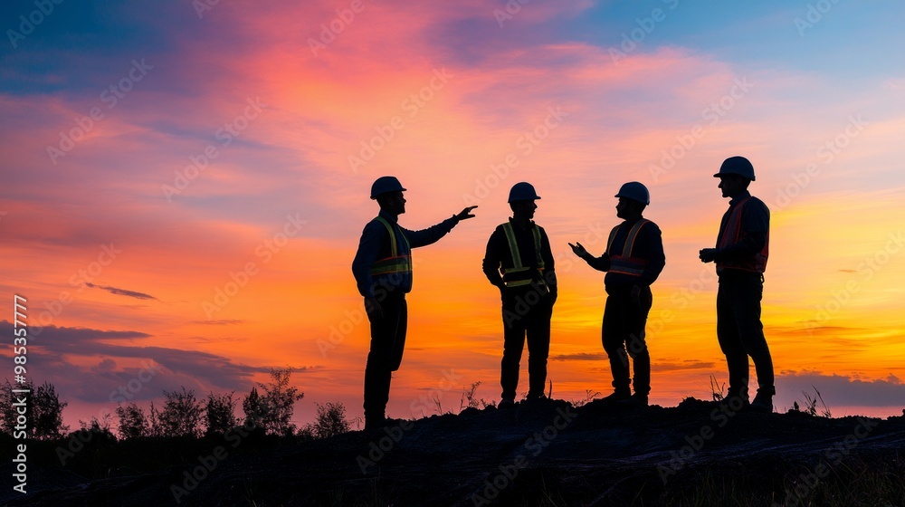 Fototapeta premium Silhouette engineer standing to receive instructions for construction team working in heavy industry at high altitude and safety over pastel colors at sunset blurred nature background. 