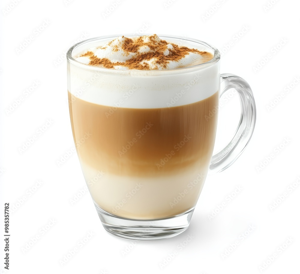 Glass of latte with cinnamon sprinkled on top. Glass of latte with cinnamon sprinkled on top.