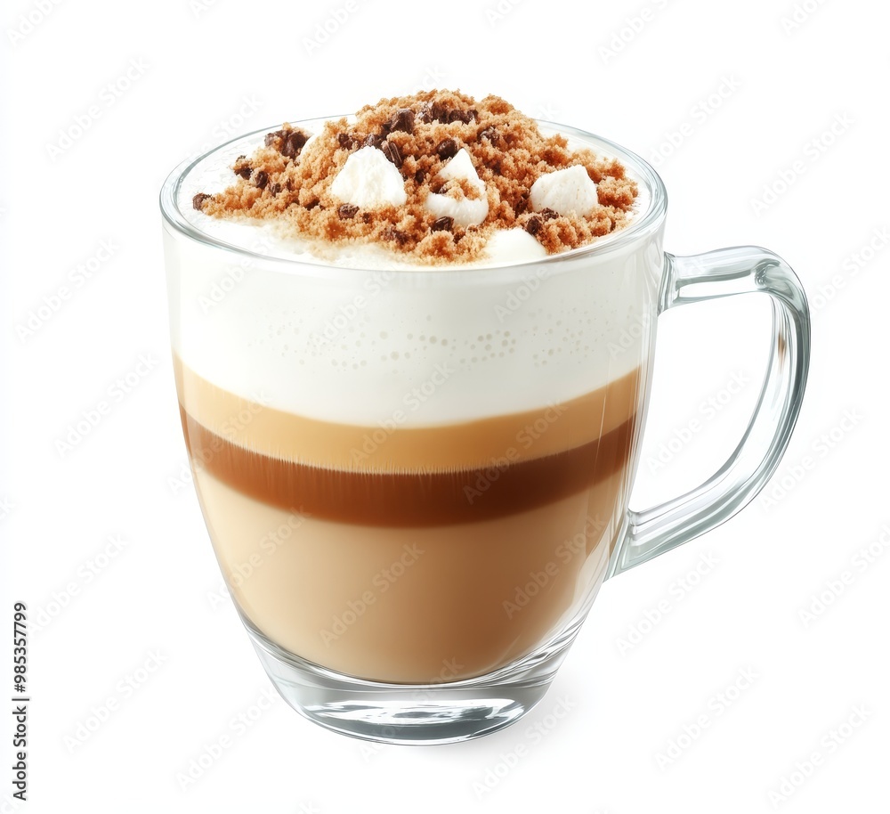 Close-up of a glass cup filled with layered coffee drink topped with crumbled cookies and marshmallows. Close-up of a glass cup filled with layered coffee drink topped with crumbled cookies and marshmallows.