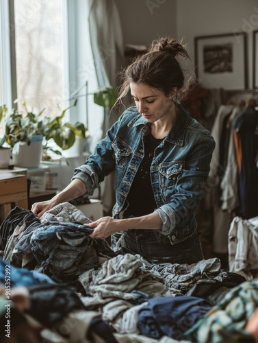 A woman is sorting through a pile of clothes