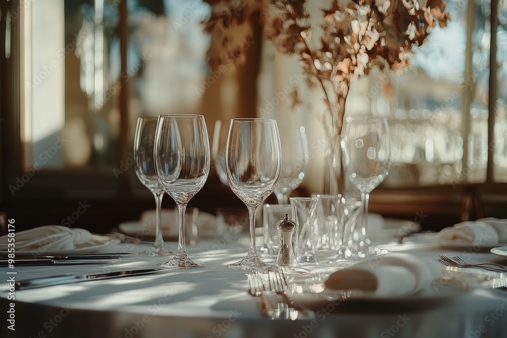 Fototapeta premium Empty wine glasses and silverware on a white tablecloth with a vase of dried flowers behind.