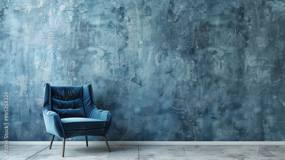 Dark blue armchair with blue concrete empty wall background AI generated image Dark blue armchair with blue concrete empty wall background AI generated image