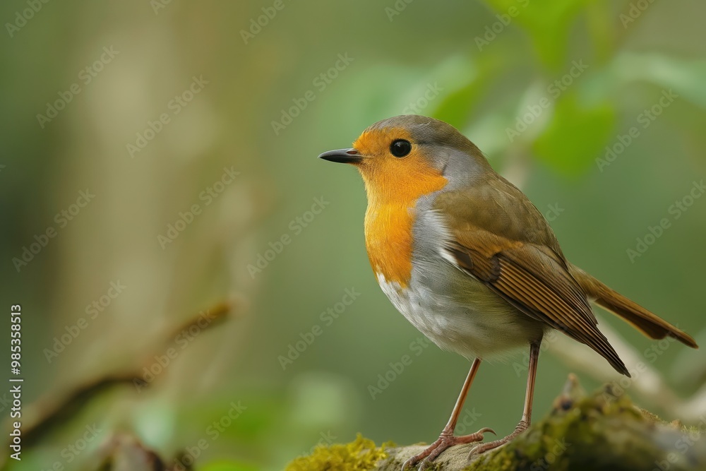 Robin perches on twig, surrounded by green leaves, colourful flowers in vibrant natural habitat. Bird bright plumage stands out against clear blue sky. Shallow depth of field blurs background, Robin perches on twig, surrounded by green leaves, colourful flowers in vibrant natural habitat. Bird bright plumage stands out against clear blue sky. Shallow depth of field blurs background,