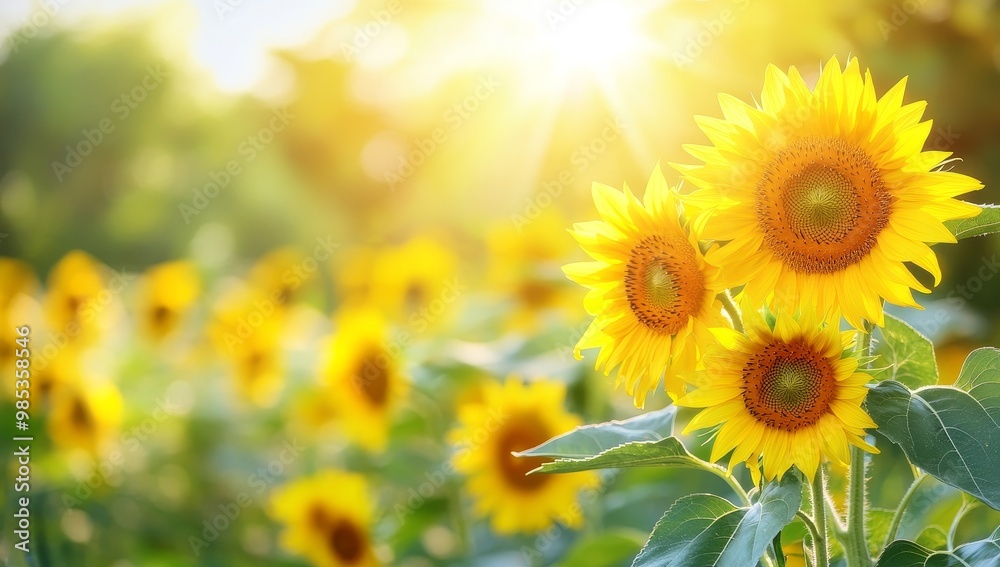 Close-up of blooming yellow sunflowers in a field with sunlight shining through. Close-up of blooming yellow sunflowers in a field with sunlight shining through.