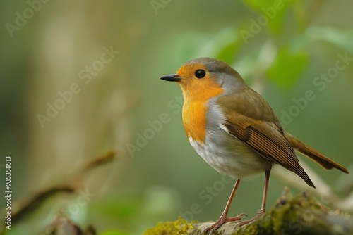 Robin perches on twig, surrounded by green leaves, colourful flowers in vibrant natural habitat. Bird bright plumage stands out against clear blue sky. Shallow depth of field blurs background,