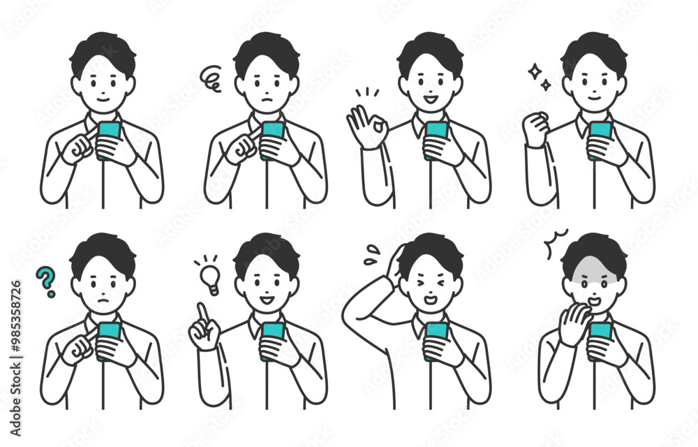 スマホを見ながらいろいろな表情・ポーズをする若い男性のセット【人物ベクターイラスト素材】 スマホを見ながらいろいろな表情・ポーズをする若い男性のセット【人物ベクターイラスト素材】