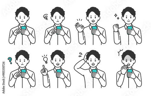 スマホを見ながらいろいろな表情･ポーズをする若い男性のセット【人物ベクターイラスト素材】