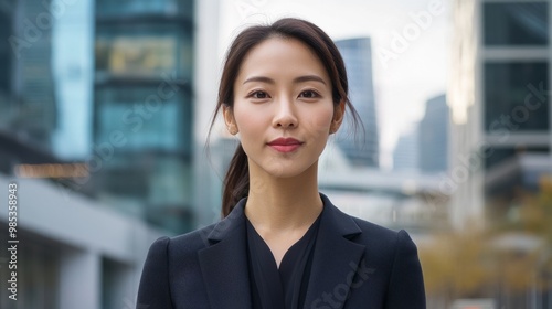 Portrait of a successful Asian woman in a business suit, standing in front of a modern urban office plaza.