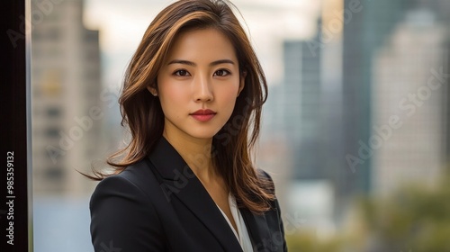 Professional Asian woman in a fitted suit, looking determined with a blurred urban business center in the background.