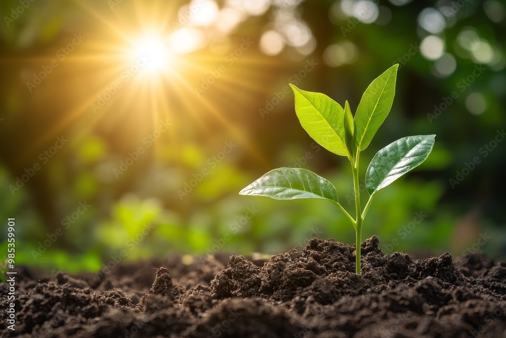 A single green sprout emerges from dark soil with a bright sun shining in the background. A single green sprout emerges from dark soil with a bright sun shining in the background.