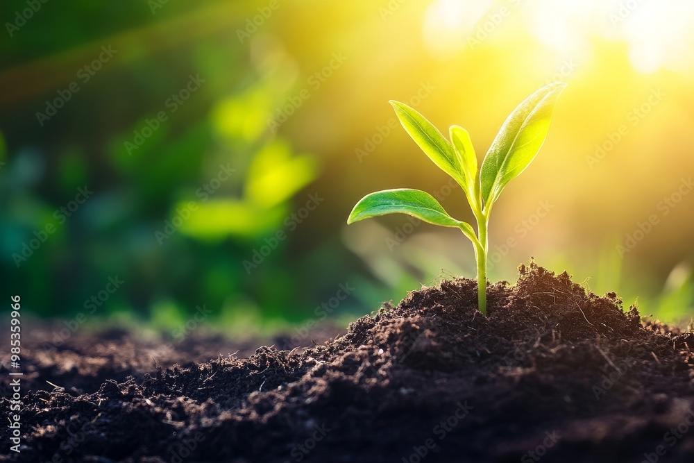 A single green sprout growing from rich dark soil with a bright, blurred background. A single green sprout growing from rich dark soil with a bright, blurred background.