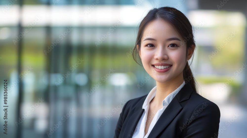 Young Asian woman in formal businesswear, smiling while standing in front of a modern corporate building. Young Asian woman in formal businesswear, smiling while standing in front of a modern corporate building.