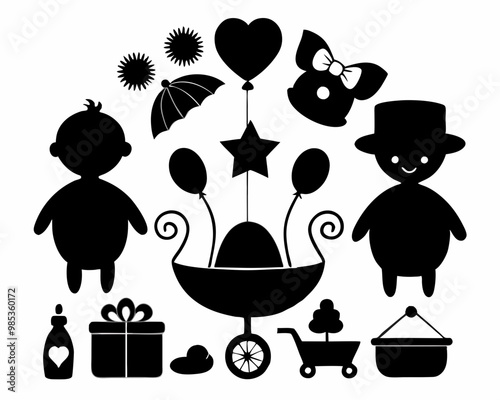 Baby Shower set  silhouette  vector,Baby, Crib, Dummy beat, Baby Bootle, Baby Carriage Icons,Baby vector,baby silhouette set