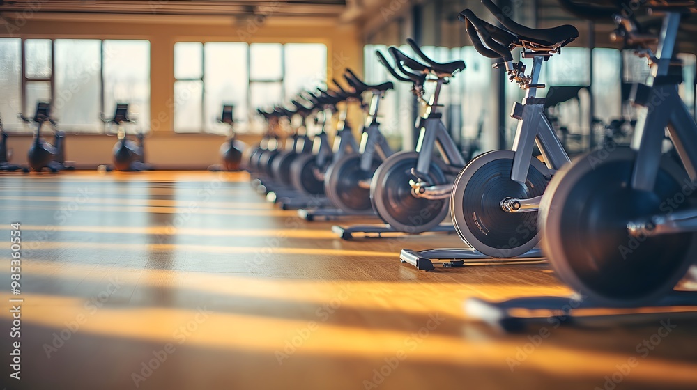 Fototapeta premium Row of stationary bikes in a spacious, brightly lit fitness studio