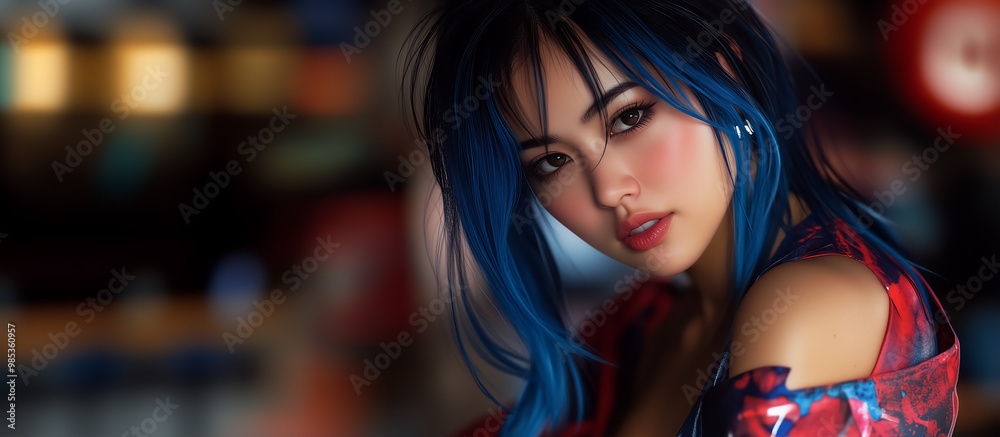 Fototapeta premium portrait of a beautiful woman with black hair and blue highlights with a blurred background