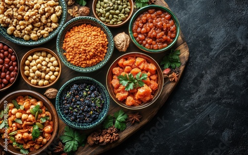 An array of colorful ingredients in bowls, including lentils, nuts, and spices, arranged aesthetically on a dark textured background.