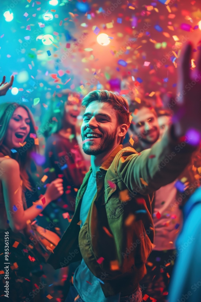Caucasian man dances joyfully surrounded by group of young people at nightclub dance floor. Confetti fills the air as colorful lights create vibrant atmosphere. Caucasian man dances joyfully surrounded by group of young people at nightclub dance floor. Confetti fills the air as colorful lights create vibrant atmosphere.