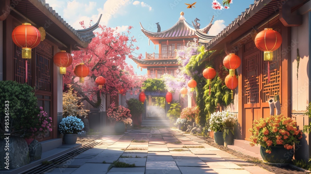 beautiful anime background of landscape of asian's old house