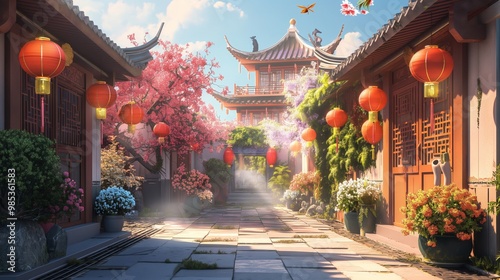 beautiful anime background of landscape of asian's old house