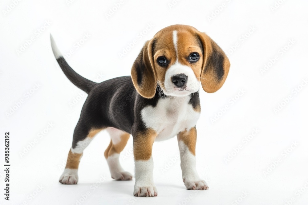 Cute puppy of beagle breed standing on a white backdrop, isolate, Cute puppy of beagle breed standing on a white backdrop, isolate,