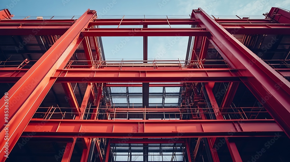 Red Steel Structure of a Building Under Construction Red Steel Structure of a Building Under Construction