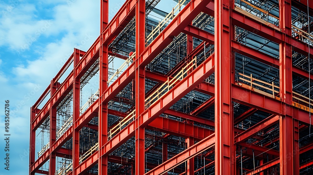 Red Steel Structure of a Building Under Construction Red Steel Structure of a Building Under Construction