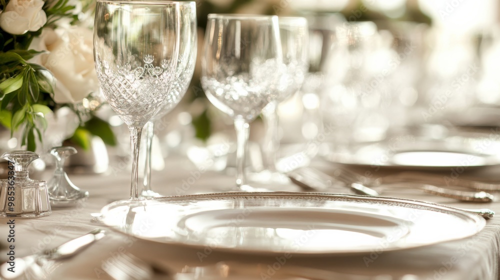 A beautifully arranged dining table featuring elegant glassware and fine china, set for a special occasion. A beautifully arranged dining table featuring elegant glassware and fine china, set for a special occasion.