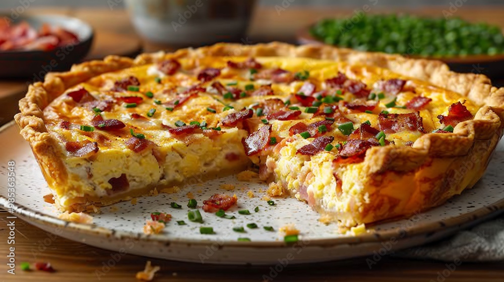 French quiche Lorraine with a golden crust filled with eggs bacon and cheese served warm on a white plate French quiche Lorraine with a golden crust filled with eggs bacon and cheese served warm on a white plate
