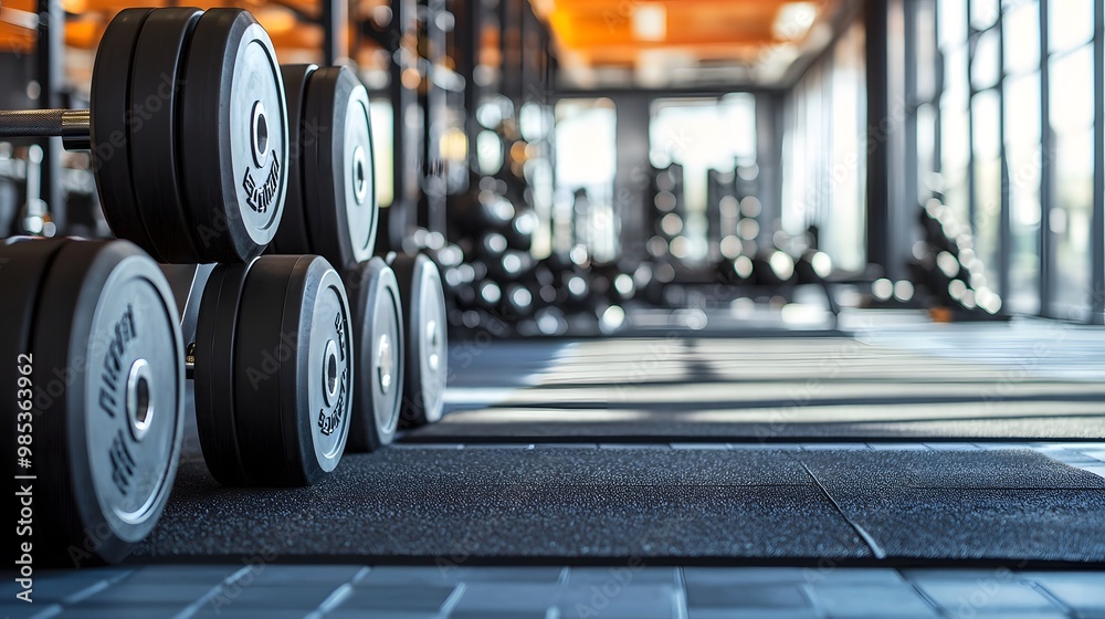 Neatly stacked barbells and weights in a modern gym space Neatly stacked barbells and weights in a modern gym space